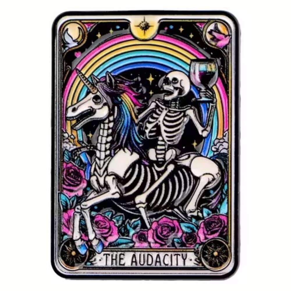 The Audacity Tarot Style Enamel Pin Skeleton Unicorn Rainbow Funny Black Metal